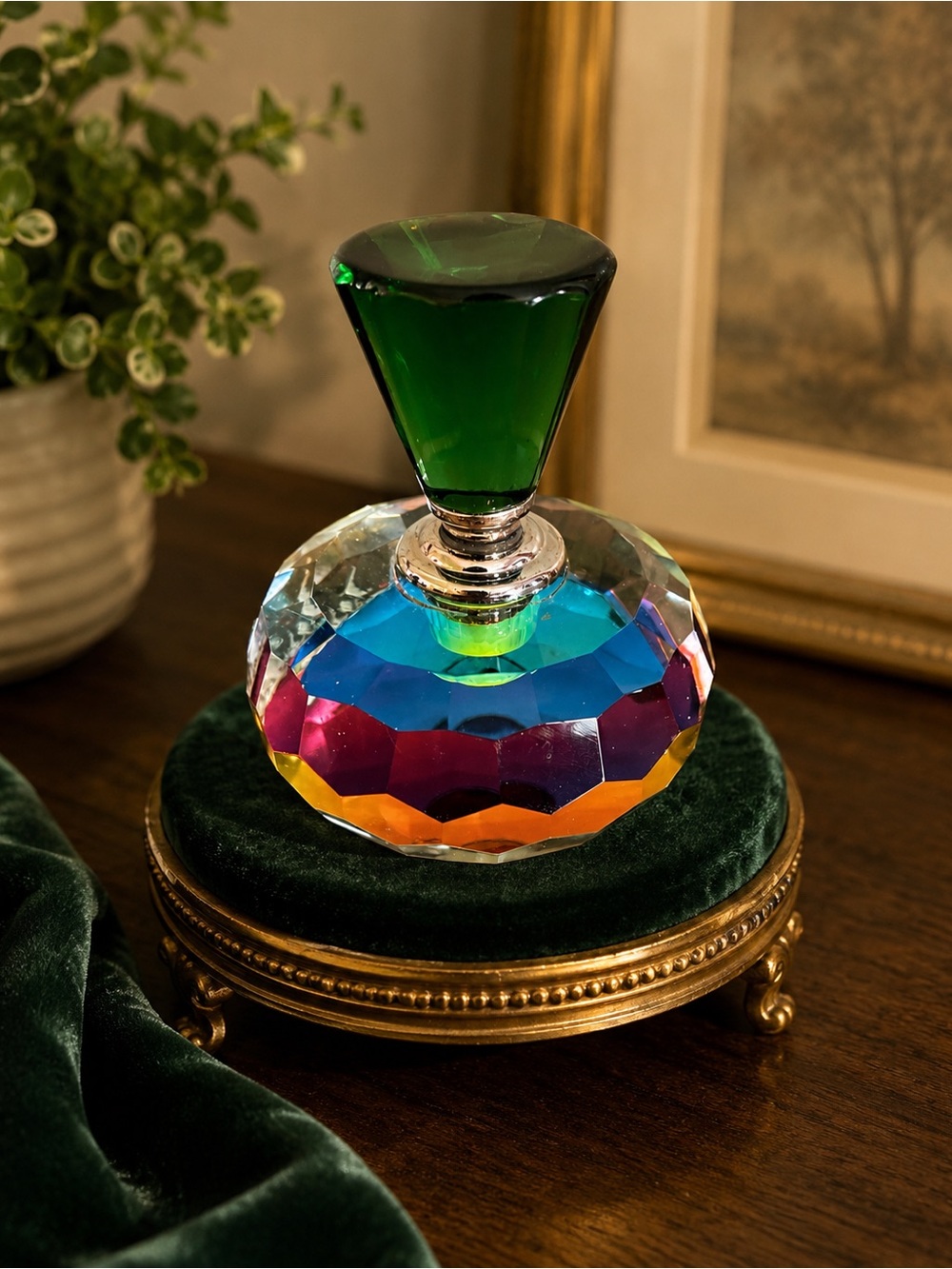 Vintage Multicolor Faceted Setting Powder Jar with Green Top